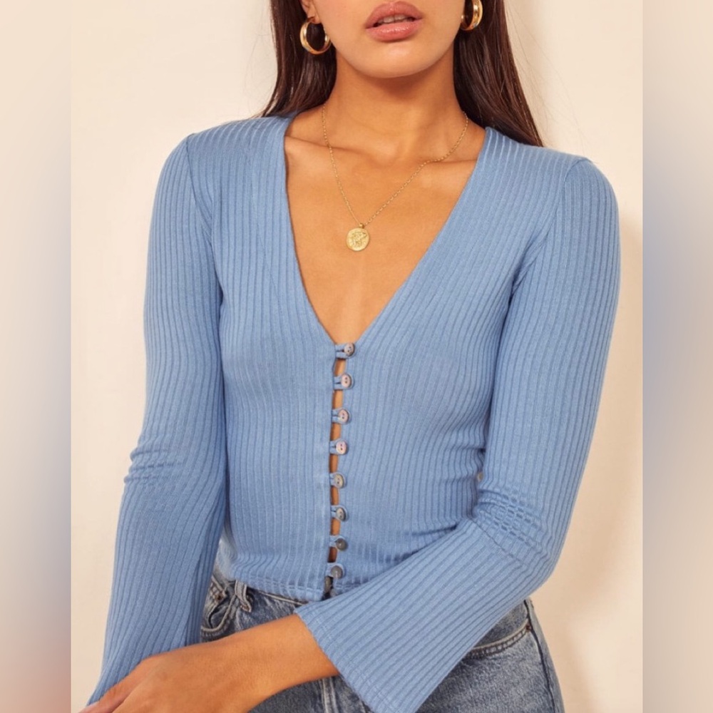 Reformation Blue Ribbed Button-Down Top